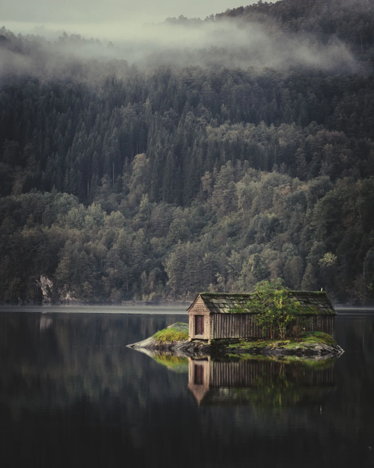 Kleine Burg auf einer Insel in einem bewaldeten See